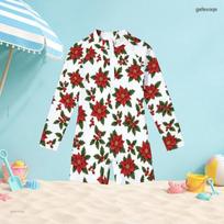 Girls High Neck Long Sleeve One Piece Swimsuit Front Zip Christmas Bell Printed White Boyshort Swimwear 110 white