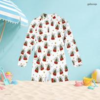 Girls High Neck Long Sleeve One Piece Swimsuit Front Zip Christmas Bell Printed White Boyshort Swimwear 160 white