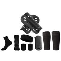Soccer Protective Gear Kit 6Pcs Football Shin Guards Anti‑Slip Socks Calf Sleeves Wristbands Headband Towel Sports Set 1 HB5-WT2-13Black black
