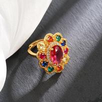 Women 24K Gold Au999 Vintage Diamond-Inlaid Fortune Flower Ring - Pure Gold, Delicate Diamonds, Bold Flower resizable gray
