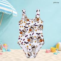 Girls White Sleeveless Scoop Neck Wide Strap One Piece Swimsuit Halloween Printed 140 white