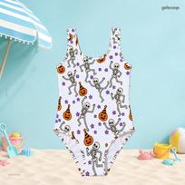 Girls White Sleeveless Scoop Neck Wide Strap One Piece Swimsuit Halloween Printed 110 white