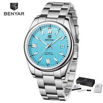 BENYAR 5185 Vyriškas visiškai automatinis mechaninis laikrodis Madingas kalendorius Nerūdijančio plieno 100M vandeniui atsparūs laikrodžiai vyrui Reloj Hombre blue