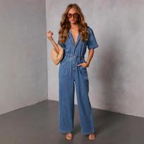 Women Casual Loose Straight Denim Jumpsuit Street Fashion L tamsiai mėlyna spalva
