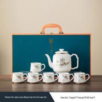 Plaything Ceramic Teapot Set with Filter Net - Large Capacity Household Afternoon Tea Kung Fu & Floral Design Jade Lotus Set: 1 Teapot, 6 Cups blue