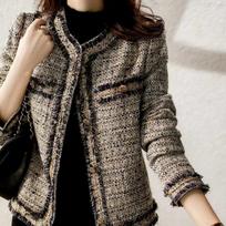 Autumn dopamine round neck new fragrant tweed rough edge coat fashion temperament versatile short top 2XL gray