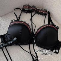 Sweet Coquette Halter Choker Satin Lace Bra Set, Push Up Inner Outer Wear Young Women Lingerie Set 34/75AB gray