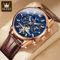 OLEVS 6658 Mens Watch Business Leather Strap Reloj Hollow out Mechanical Automatic Wristwatch Waterproof Luminous Watch For Man blue
