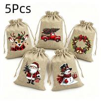 5/12Pcs Santa Claus Christmas Burlap Storage Bag Xmas Candy Hanging Bag  Christmas Party Favors 5Pcs beige