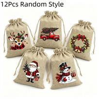 5/12Pcs Santa Claus Christmas Burlap Storage Bag Xmas Candy Hanging Bag  Christmas Party Favors 12Pcs Random Style