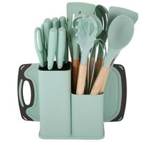 19 dalių silikoninių virtuvės įrankių rinkinys su nelimpančiais menteliais, karščiui atspariais įrankiais, PP rankenomis, 6 spalvų 19 pcs set 1410g šviesiai žalios spalvos