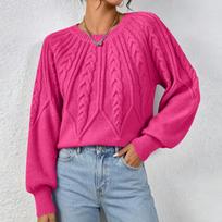 Women's Color Round Neck Long Sleeve Cable Knit Sweater L pink