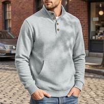 Men Waffle Henley Pullover, Mock Stand Collar 4‑Button Placket Kangaroo Pocket Ribbed Cuffs Hem Soft Mid‑Weight Long‑Sleeve Casual Layering Sweatshirt L pilka