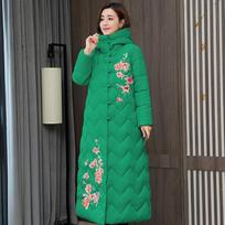 Women's Hooded Long Padded Coat Floral Embroidery Frog Button Chevron Quilted Warm Winter Cotton Coat XL pink