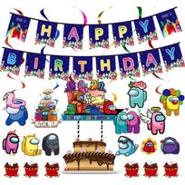 Us Among Party Set Suit Decoration Supplies Banner Cupcake Topper Space Alien Party Decoration Purple