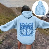 Womens Oversized Hooded Sweatshirt With Palm Tree Print Drop Shoulder Long Sleeve Fleece-Lined Casual Streetwear Small gray