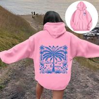 Womens Oversized Hooded Sweatshirt With Palm Tree Print Drop Shoulder Long Sleeve Fleece-Lined Casual Streetwear Medium gray
