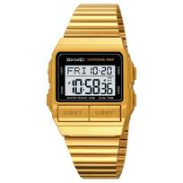 SKMEI 2475 Gel Band EL Light Chrono Alarm Countdown for Men Women Unisex Digital Watch Gold Square Case Stainless Steel/Silica black