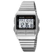 SKMEI 2475 Gel Band EL Light Chrono Alarm Countdown for Men Women Unisex Digital Watch Gold Square Case Stainless Steel/Silica black