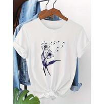 Womens Dandelion Print Tee White Black Floral Design Round Neck Short Sleeve Soft Cotton Blend Tie Front Detail Spring Summer Casual Top 4XL balta