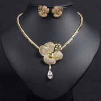 Cubic Zircon Crystal White Flower Women Choker Necklace and Earrings Bridal Jewelry Set for Wedding Dress Accessories S-338 resizable&42cm gray