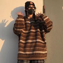 Moteriški vintažiniai dryžuoti megztiniai Ruduo Žiema Laisvalaikio Oversize Ilgomis Rankovėmis Megztas Megztinis Hip Hop Puloveriai Viršutiniai Drabužiai S kava