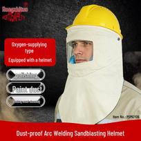 Rongzhitouo Sandblasting and Dustproof Oxygen Supply Helmet with Canvas Shawl for Industrial Use Green Curved Lens Sandblasting Helmet