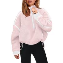 Women's Color Semi High Neck Sweatshirt, Casual Zipper Loose Top Sweatshirt S rožinė