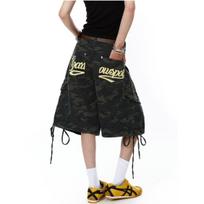 American drawstring multi-pocket letter camouflage tooling shorts men's and women's summer five-point high street design denim pants M black