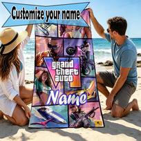 Custom Name Personalized Grand Theft Auto VI Print Beach Towel, for Trip Camping Beach Party Home Decor, Birthday Gift for Family & Friends 70cmx140cm(27x55inch) gray