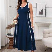 Women Elegant Casual Waist Cinched Sling Long Dress 4XL tamsiai mėlyna spalva