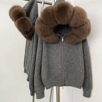 Womens Hooded Knit Cardigan With Real Fox Fur Collar Casual Outerwear Winter Gray Faux Leather Coffee black