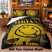 Nirvana Pattern Bedding 3Pcs Set Custom Name, Bed Sheet And Pillowcases For Home Bedroom 135cmx200cm yellow
