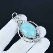 Unique Amazonite Gemstone Pendant, 925 Sterling Silver Jewelry, Handmade Jewelry, Boho Jewelry, Antique Pendant For Anniversary Gifts 6.5 Cm mėlyna