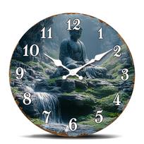 Buddha in Mountain Landscape Wall Clock, Tranquil Scenery Design, Silent Quartz Movement Clock for Relaxation, Nature and Spirit 10 inch gray