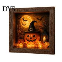 Halloween Decorative Lamp DIY Lighted Ghost Shadow Box Kit, Wooden Frame LED Warm Light, Gothic Night Light Memory with Crystal Glass Panel, Tabletop black