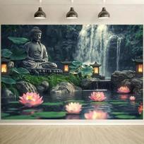 Zen Buddha Tapestry, Meditating Buddha with Waterfall and Lotus, Spiritual Wall Art for Living Room Bedroom Decor 130x150cm51x59in gray