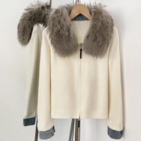 Womens Short Knit Cardigan With Real Fox Fur Collar Double Zipper Loose Fit Winter Outerwear Beige Faded Silver Fox Fur Collar gray