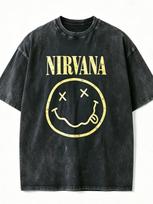 Retro Nirvana Klasikinis X-Eye Šypsenos Raštas Roko Didelis Skalbtas Marškinėliai XL black