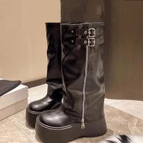 Madingi kutuoti batai moterims Retro gotikinės tendencijos moteriški batai Chelsea vidutinio kulno motociklininko batai moterims madingi iki kelių Botas 35 juoda