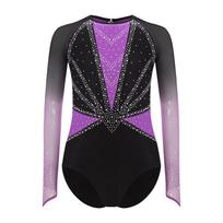 Merginų gimnastikos šokio pasirodymo kostiumas Tinklelis Ilgos rankovės Atvira nugara Blizgūs cirkonio akmenukai Spalvų blokų triko 15-16 Years violetinė