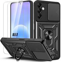 Case for Samsung Galaxy A57 5G, Shockproof with Ring and Camera Protection Black - 2 Tempered Glasses juoda