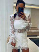 Long-sleeved stand-up collar dress, autumn and winter new European and American fashion and sexy black perspective lace a-word skirt L balta