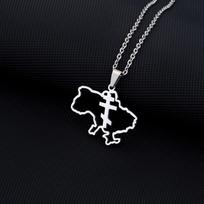 Sveiki, mados kontūrai, Ukrainos žemėlapis, pakabukas, karoliai, širdelės vėliava, nerūdijančio plieno as the picture black
