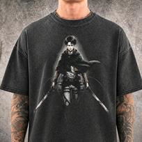 Levi Ackerman Scout Path AOT Mineral Washed Graphic Shirt | Heavyweight Oversized Tee | Vintage Streetwear L gray