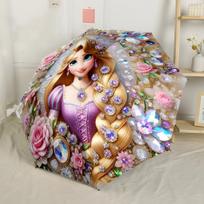 Rapunzel Kompaktiškas kelioninis automatinis skėtis su 8 šonkauliais, lengvas, patvarus, kasdieniam nešiojimui, su ryškiu raštu