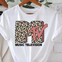 Vasarinis moteriškas MTV leopardo rašto raidžių grafikos rašto madingas laisvalaikio sportinis laisvas apvalios kaklo trumpomis rankovėmis T-shirt viršus L black