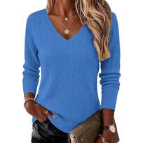 Women's Cable Knit V-Neck Sweater Long Sleeve Pullover Top for Fall and Winter Casual Wear XL mėlyna