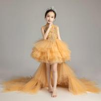 Girls Princess Evening Dress Tulle Puffy Skirt Trailing For Pageant Piano Performance 140cm geltona