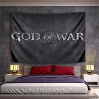Rugged metallic text  God of War  with a circular emblem on dark texture. Patterned tapestry for bedroom and living room home decor 180x230cm(70x90in)